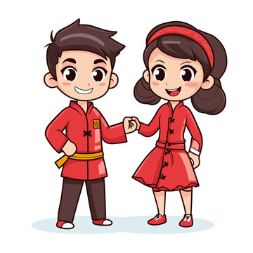 Chinese couple hand-drawn comic illustration. Chinese couple. Vector doodle style cartoon illustration