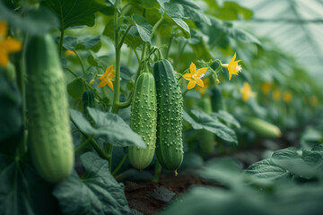 Fresh cucumbers are growing in a greenhouse