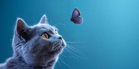 Süße BKH Zucht Katze Gesicht mit Schmetterling als Nahaufnahme, ai generativ  - obrazy, fototapety, plakaty