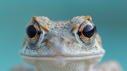  A photo of a frog's face, set against a dark blue background and a pale blue sky in the backdrop