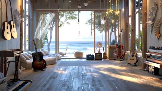 Find inspiration in a music studio with stunning coastal views, Seamless looping 4k video background animation