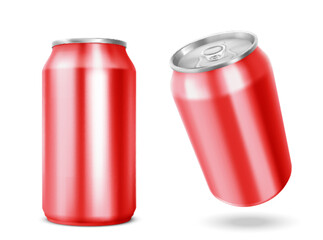 3d red soda can. Isolated beer or cola tin bottle. Metal drink container box for juice. Aluminium realistic beverage jar mockup set on white background. Empty steel lemonade canister packaging