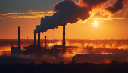 Silhouette of factory with smoking chimney on the orange sunset