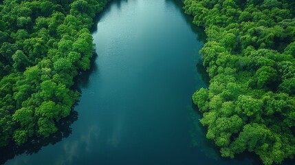  An aerial shot of a river encircled by dense greenery amidst a sylvan landscape brimming with numerous trees