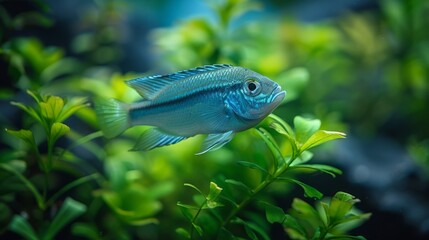  A blue fish in a water-filled plant with green foliage in the foreground, and a blurry blue sky and green background