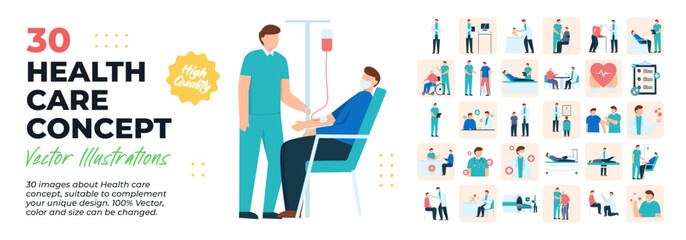 Character Illustration. Mega Set. Collection scenes of health care, doctor, nurse, staff, medicine activity. Vector Illustration