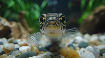 Obraz premium A macro photo of a fish's face in a fish tank with stones and sand in the background
