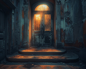Enigmatic door, abandoned mansion, the gateway to the unknown, photography, spotlight, silhouette...