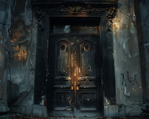 Fototapeta na wymiar Enigmatic door, abandoned mansion, the gateway to the unknown, photography, spotlight, silhouette lighting
