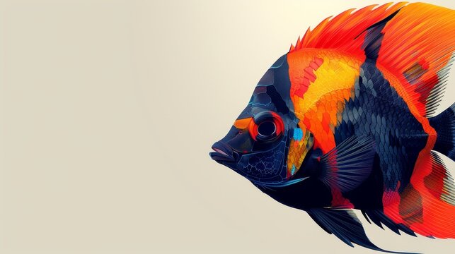  A vibrant depiction of a fish against a white canvas with an accent in black and orange