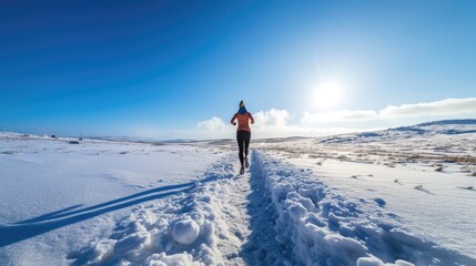 Fototapeta na wymiar An athlete braves the winter chill, running through a snow-covered trail with a serene, frosty landscape in the background. AIG41