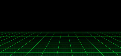 Abstract wireframe landscape perspective. Vector realistic illustration of green grid pattern on transparent black. Retro futuristic virtual cyber space background, digital mesh surface design