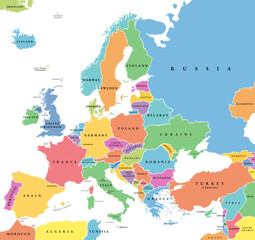 Europe with a part of the Middle East countries, political map. Western part of continent Eurasia, located in the Northern Hemisphere. Countries with international borders and English labeling. Vector