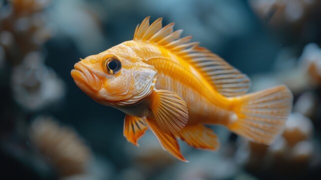  A close-up image of a goldfish in an aquarium surrounded by coral and water