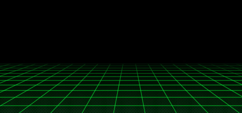 Abstract wireframe landscape perspective. Vector realistic illustration of green grid pattern on transparent black. Retro futuristic virtual cyber space background, digital mesh surface design