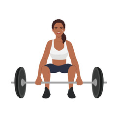 Young athlete lifts heavy barbell under supervision of personal trainer from gym teaching ward before competition. Flat vector illustration isolated on white background