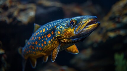Fototapeta premium A close-up photo of a fish in an aquarium surrounded by other fish and a rocky backdrop