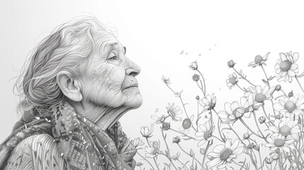 Portrait of shaman old woman with flowers in her hair, drawing in black and white