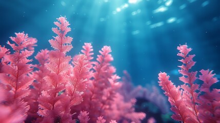 Fototapeta premium Pink corals in a close-up with sunlight streaming behind them in the water