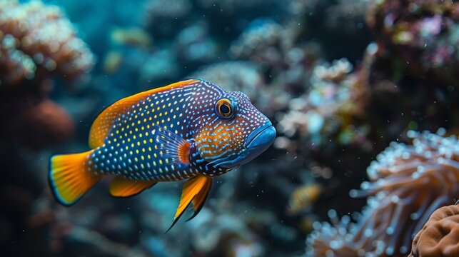  A tight shot of a vivid blue and sunny yellow fish surrounded by colorful coral and more coral in the backdrop