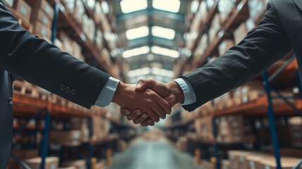 Business handshake in warehouse, partnership agreement.
