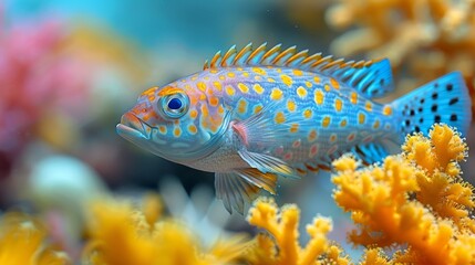  A close-up of a blue and yellow fish on coral among other corals