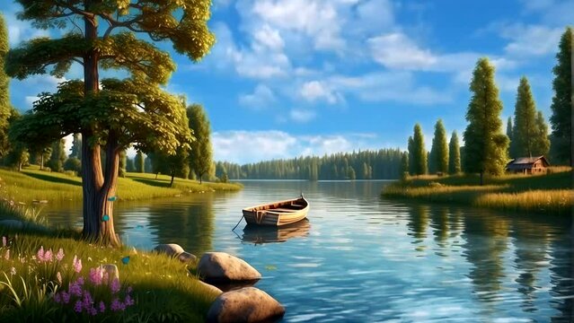boat on lake water. forest background