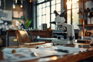 Science lab with microscope, research tools, modern office, technology, analytical equipment. - obrazy, fototapety, plakaty