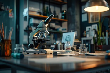 Science lab with microscope, research tools, modern office, technology, analytical equipment.