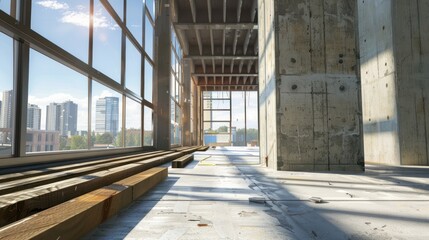 Showcase a range of construction materials, including steel beams, concrete panels, glass facades, 