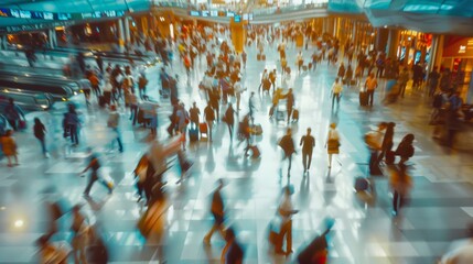 Blurred motion of busy airport terminal, vibrant travel scene.