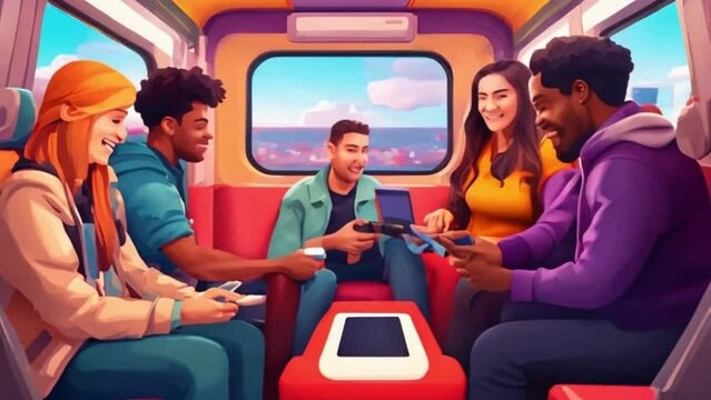 A Fun And Vibrant 4K Scene Of Friends Playing A Multiplayer Game On A Handheld Gaming Console During A Train Journey. 