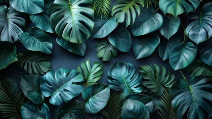  A black background with a blue wall, featuring a bunch of vibrant green leaves - obrazy, fototapety, plakaty