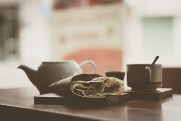 Mental warmth comfort calm silence. Breakfast cafe. Vintage matte photo. Ceramic kettle mug, large...