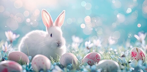 Fototapeta na wymiar Easter background with white rabbit and easter eggs in green grass