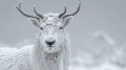 White goat with horns close-up, snowy mountain backdrop