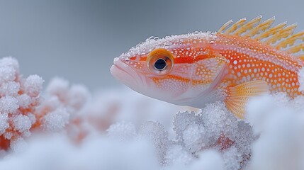  A snow-covered fish in a pond, surrounded by trees A gray sky above