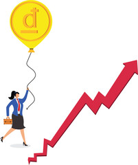 A businesswoman desperately holds on to the money balloon flying upwards, the concept of inflation