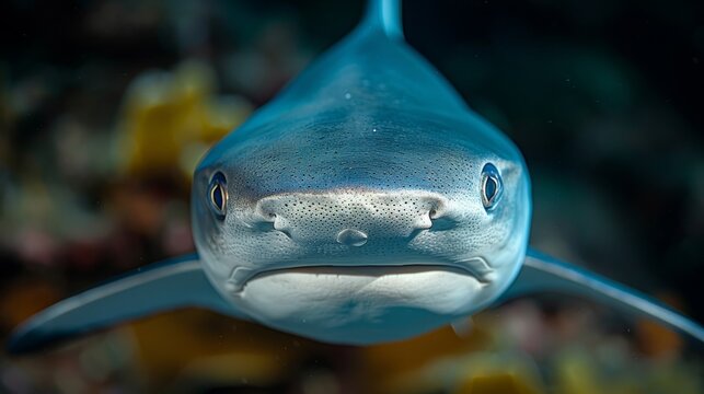  A picture of a shark with many fish swimming around its face