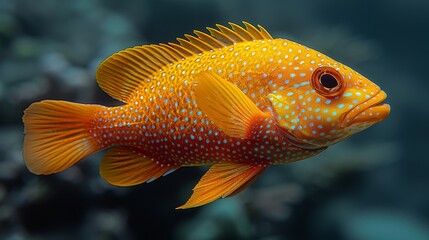 Obraz premium A yellow fish in focus, dotted with white spots against a black backdrop