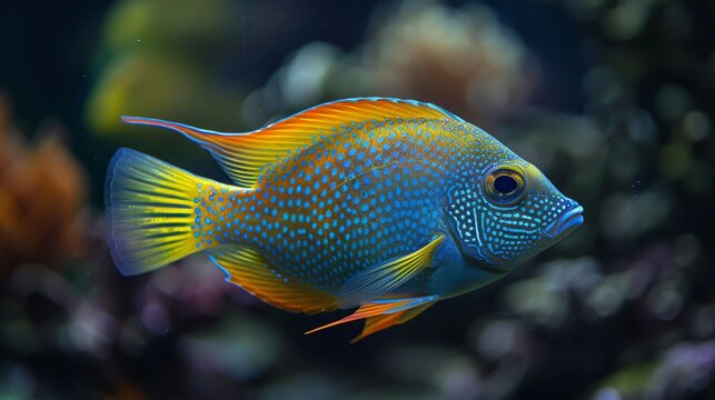  A zoomed-in image of a vibrant blue and yellow fish amidst coral and various other aquatic creatures in the background