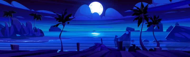 Foto auf Alu-Dibond Night cloud sky with moon on sea landscape vector. Dark tropical ocean island in moonlight reflection on horizon. Wood embankment and palm tree on heaven seaside coast anime panorama wallpaper. © klyaksun