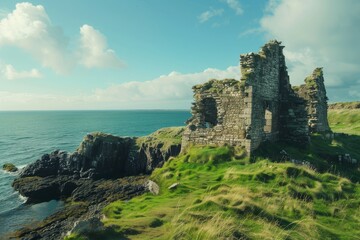 Fototapeta na wymiar Ruins of the ancient Dunseverick Castle atop the green cliffs of the Causeway Coast, Northern Ireland 4k quality 