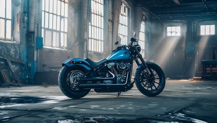 A blue Harley Davidson motorcycle with a sleek treaded tire and shiny rim is parked in a vacant...