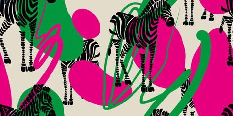 A painting of zebras. Hand drawn abstract seamless pattern. Creative collage  © Sviatlana