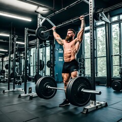 Muscular bearded  fitness man doing deadlift a barbell over his head in modern fitness center. Functional training. Snatch exercise