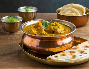 indian food curry in a copper brass serving