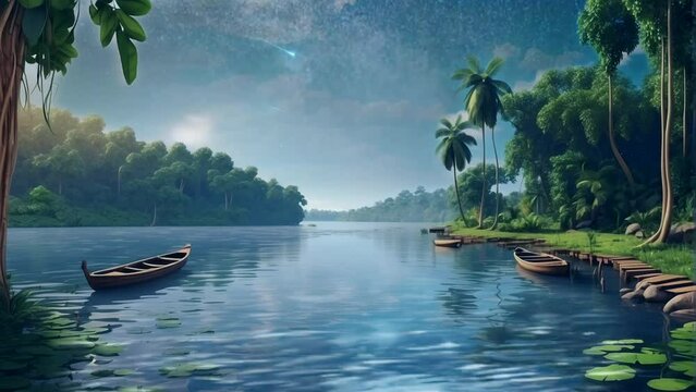 tropical island with boat and tree. amazon