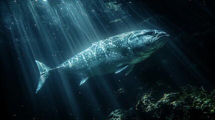  A big fish, lit by sunlight from behind and above its head, glides through the water