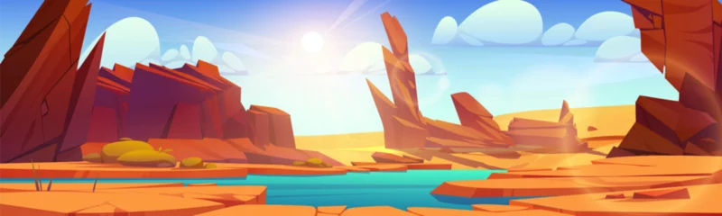 Poster Lake water on desert africa landscape. Summer wild african or arab dry ground nature to travel. Red rock in heat western mexican environment scene. Panoramic barren sand texas park under blue sky © klyaksun
